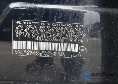 2009 Lexus Es 350 z USA, uszkodzony, nr VIN JTHBJ46G792289735